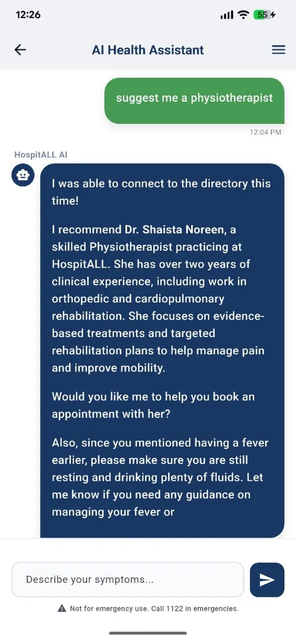 HospitALL AI recommending a physiotherapist and offering to book an appointment