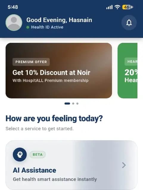 The HospitALL app dashboard showing the digital health card